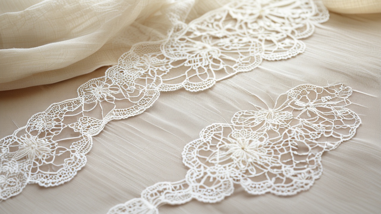 Detalhes de rendas e amostras de bordado sobre linho