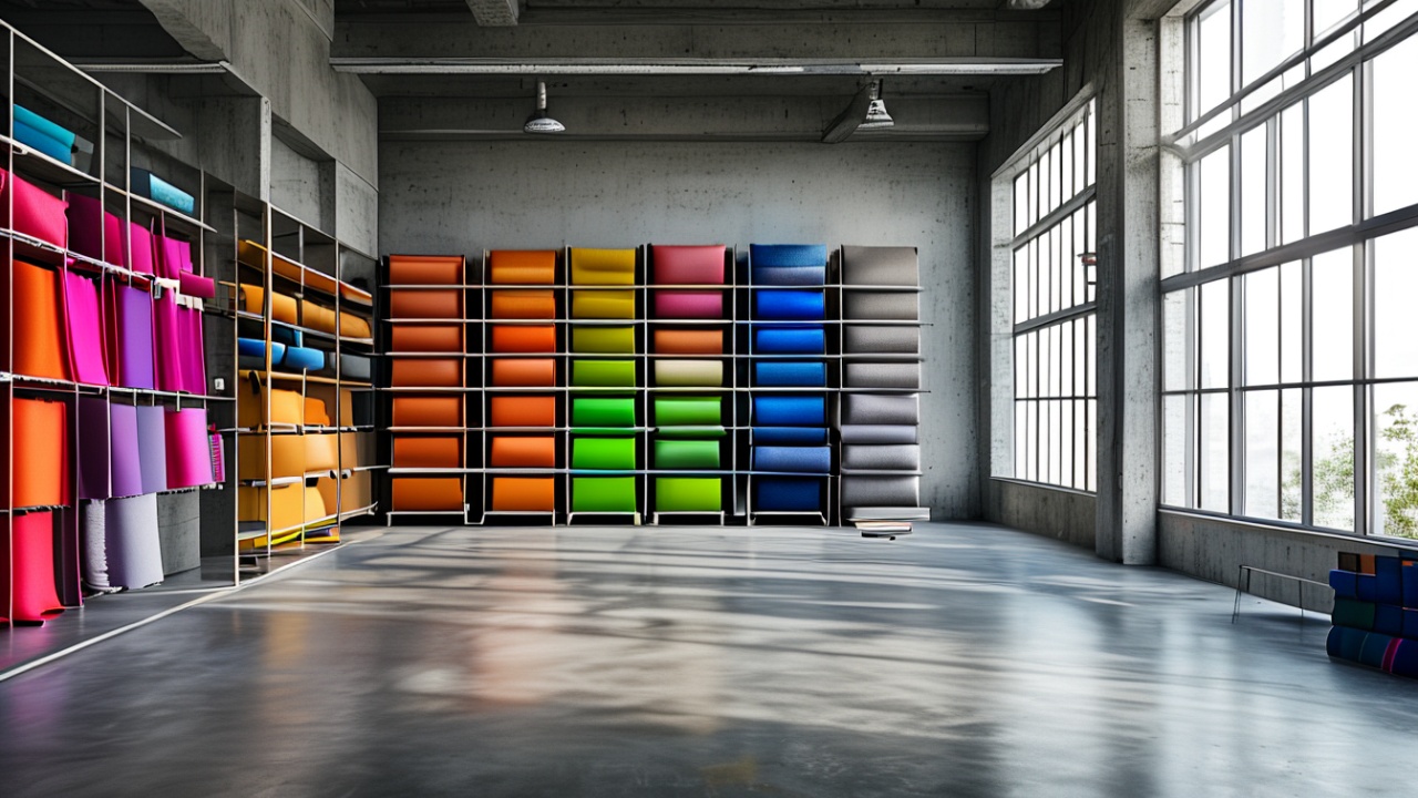 Rolos de tecido organizados em estantes
