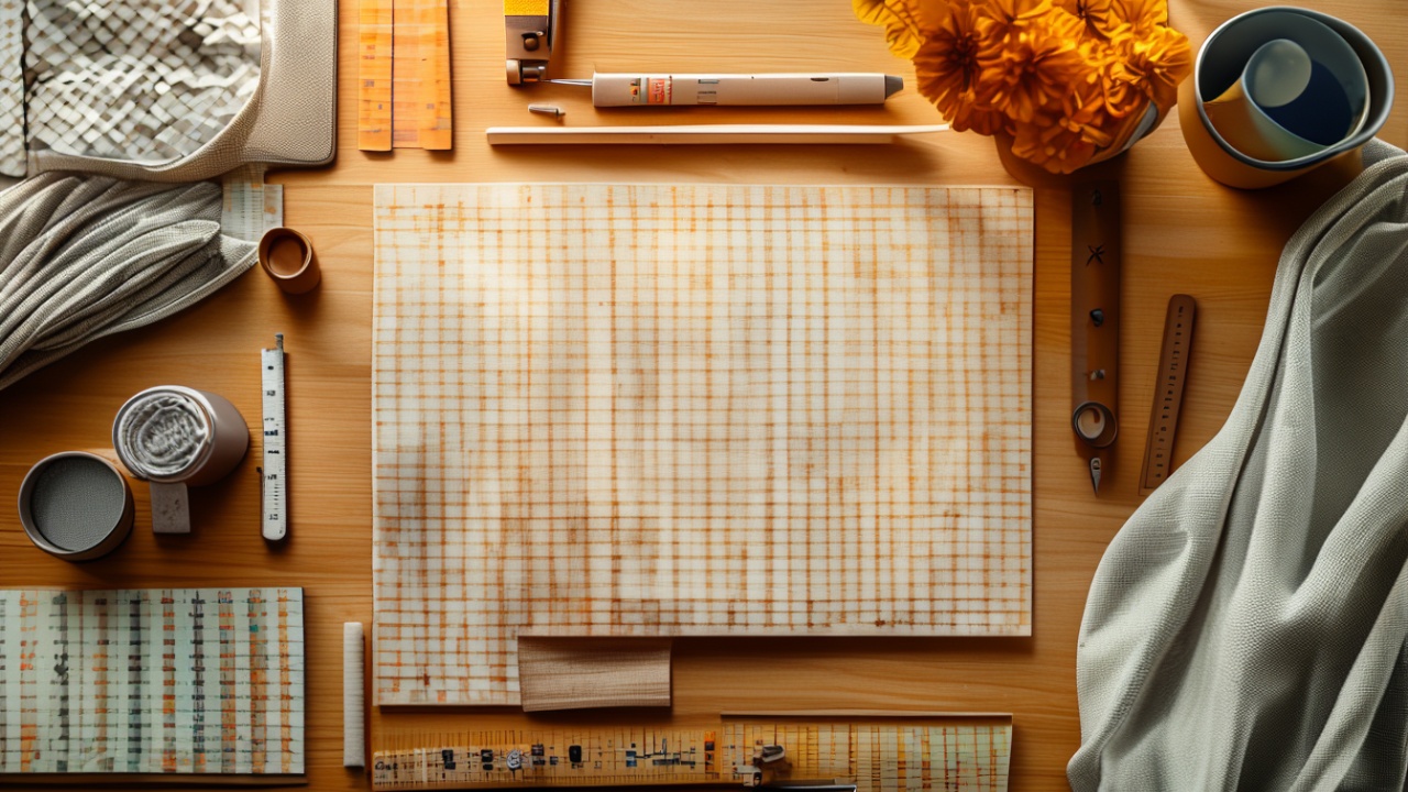 Mesa de corte com papel de modelagem e amostras de tecido