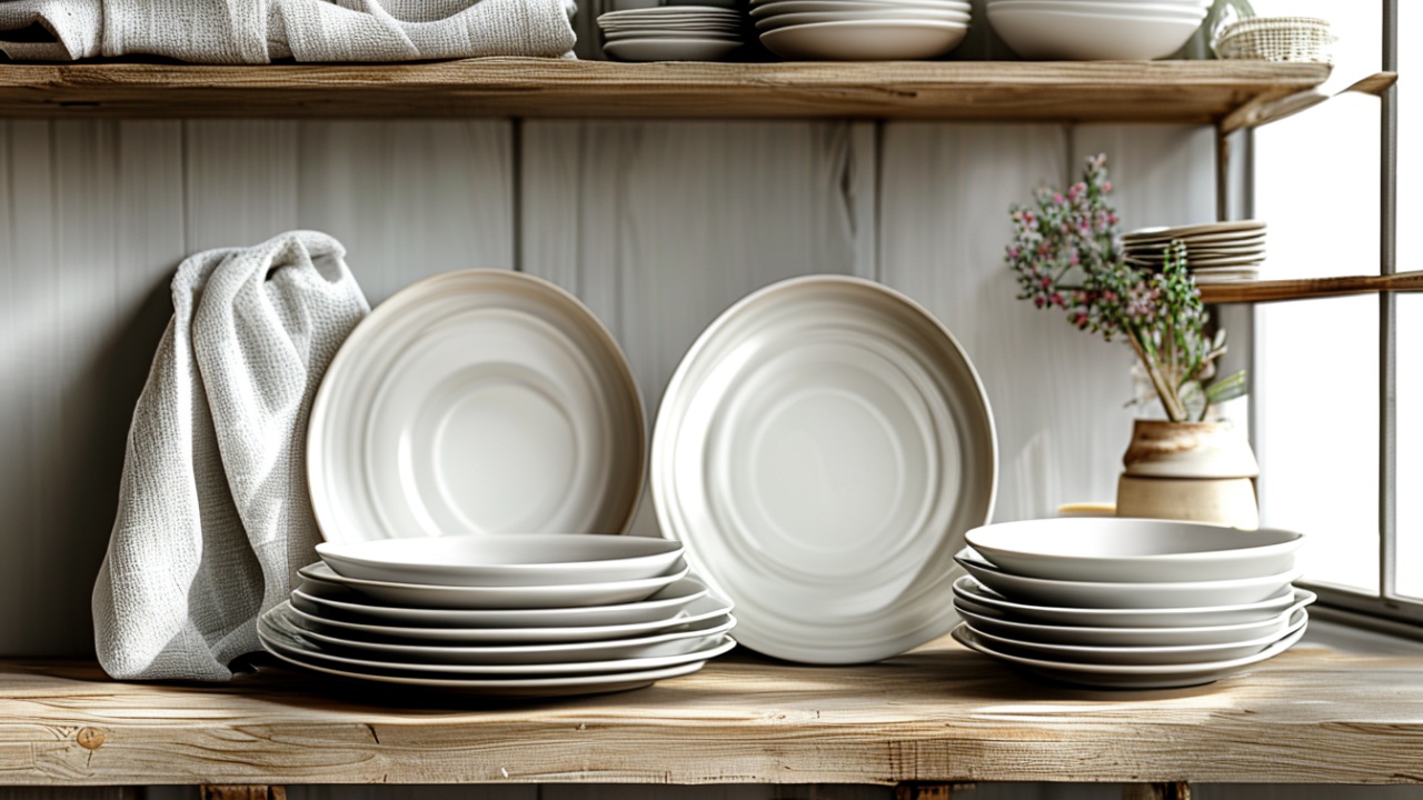 Pratos e texteis de cozinha dispostos em prateleira